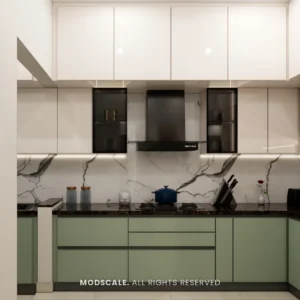 Kitchen hob wall with sage green base units, white wall units and marble-finish backsplash, Mohit’s home interior at Keya Around The Life, Krishnarajapuram, Bengaluru
