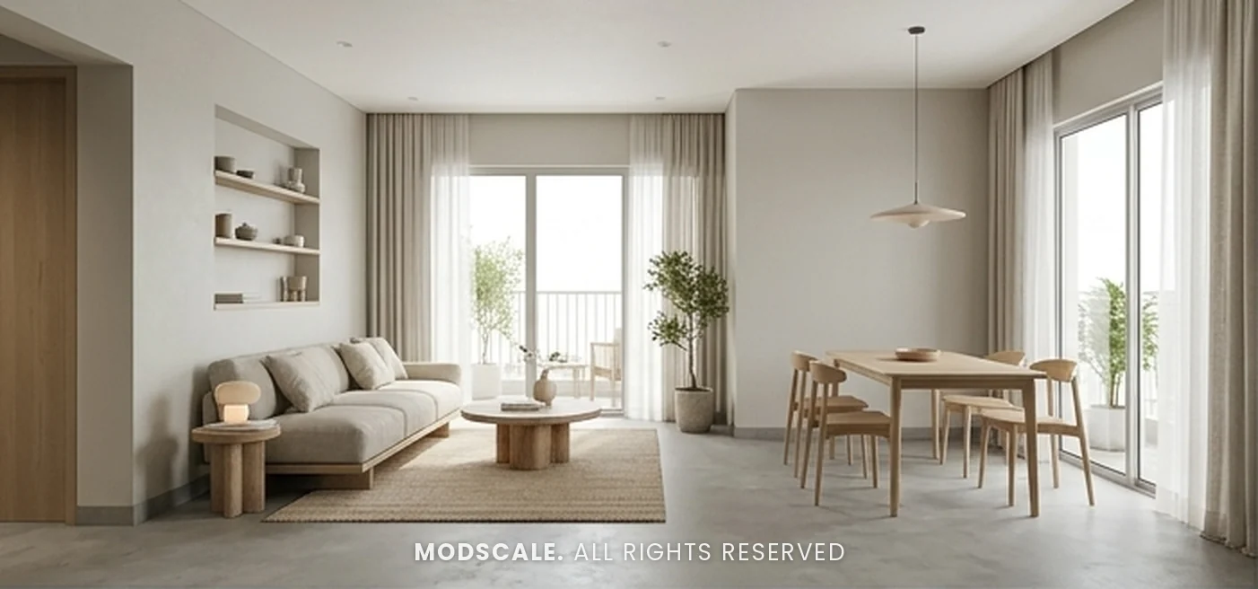Japandi living and dining room with low linen sofa, round oak coffee table, jute rug, recessed wall niche and oak dining table – Suraj Shukla’s 3BHK at Orchid Salisbury, Thanisandra (3D design)