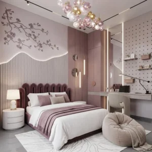 Concept visual of a modern pink girls' bedroom with fluted wall panel, mauve wardrobe and pegboard study wall