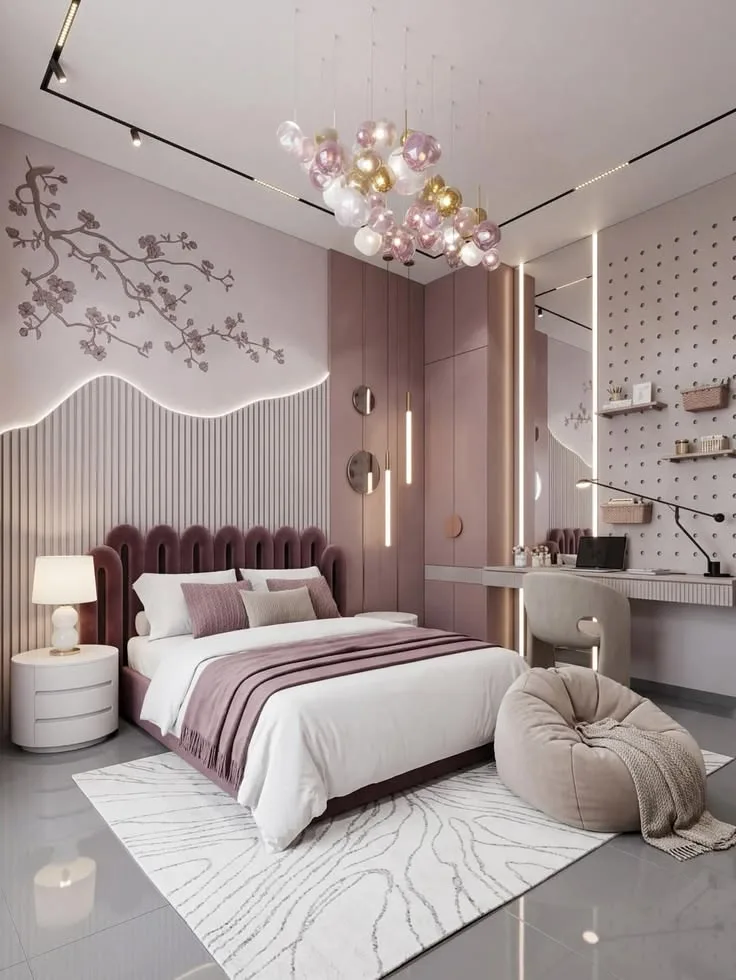Concept visual of a modern pink girls' bedroom with fluted wall panel, mauve wardrobe and pegboard study wall