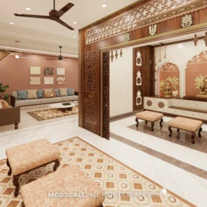 Puja room entrance with carved wooden jali doors seen from the family lounge