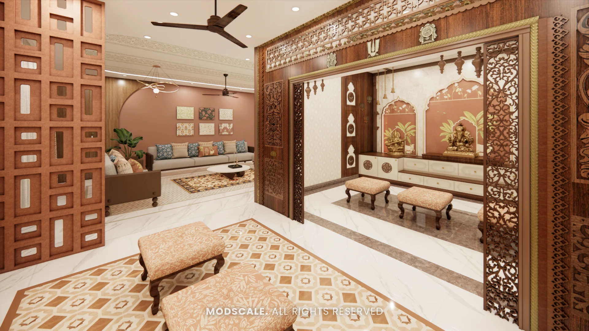 Puja room entrance with carved wooden jali doors seen from the family lounge