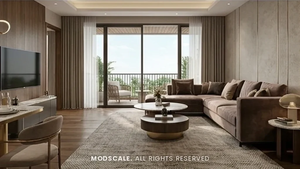 Ankit 3BHK home interior at Prestige City Meridian Park – living room design by ModScale