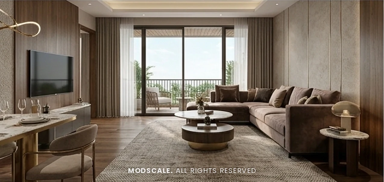 Living room with taupe L-shaped sofa, round layered coffee tables, walnut TV wall and sliding doors to the main balcony – Ankit’s 3BHK at Prestige City Meridian Park, Sarjapur Road (3D design)