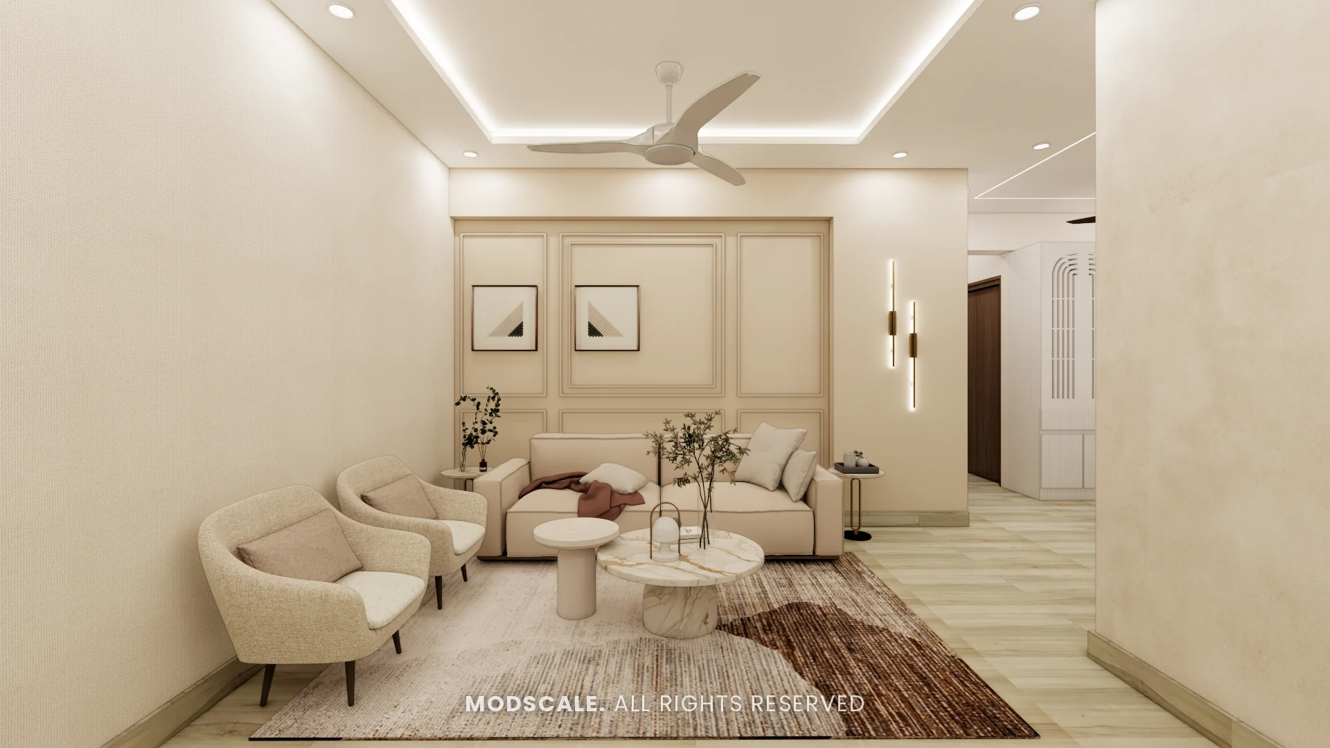 Living room with cream sofa, twin armchairs, round marble tables and panel-moulded wall, Ankur’s home interior at Purva Panorama, Bannerghatta Road