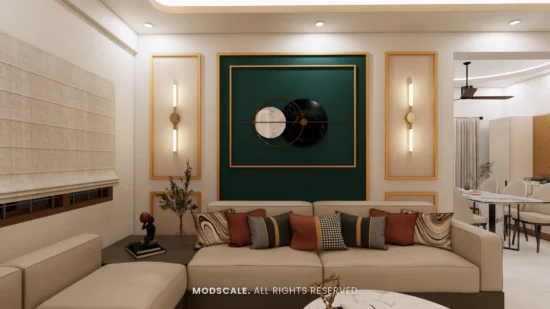 Sofa wall with green framed panel