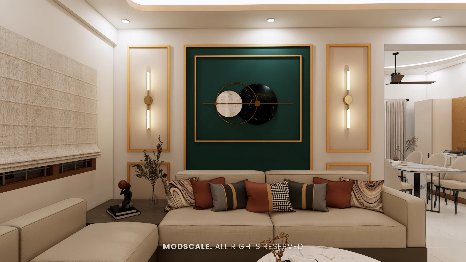 Sofa wall with green framed panel