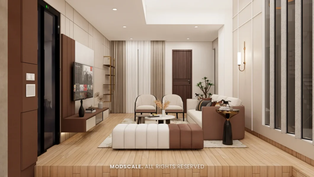 Living room on a raised wooden platform with cream and brown seating, TV wall and glass-door lift, Shikha Agarwal’s villa interior at Purva Woodfield, Chandapura, Bengaluru