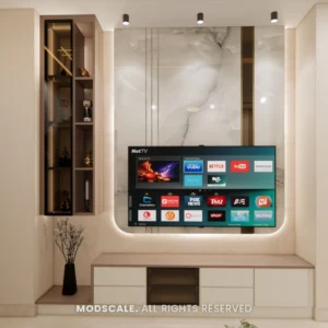 TV unit with marble back panel, floating base and tall glass display unit, Komal’s home at Sobha Dream Acres (3D design)