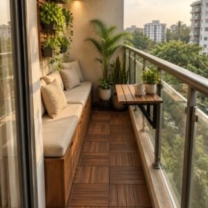 Small apartment balcony design concept with storage bench, deck tiles and vertical planters