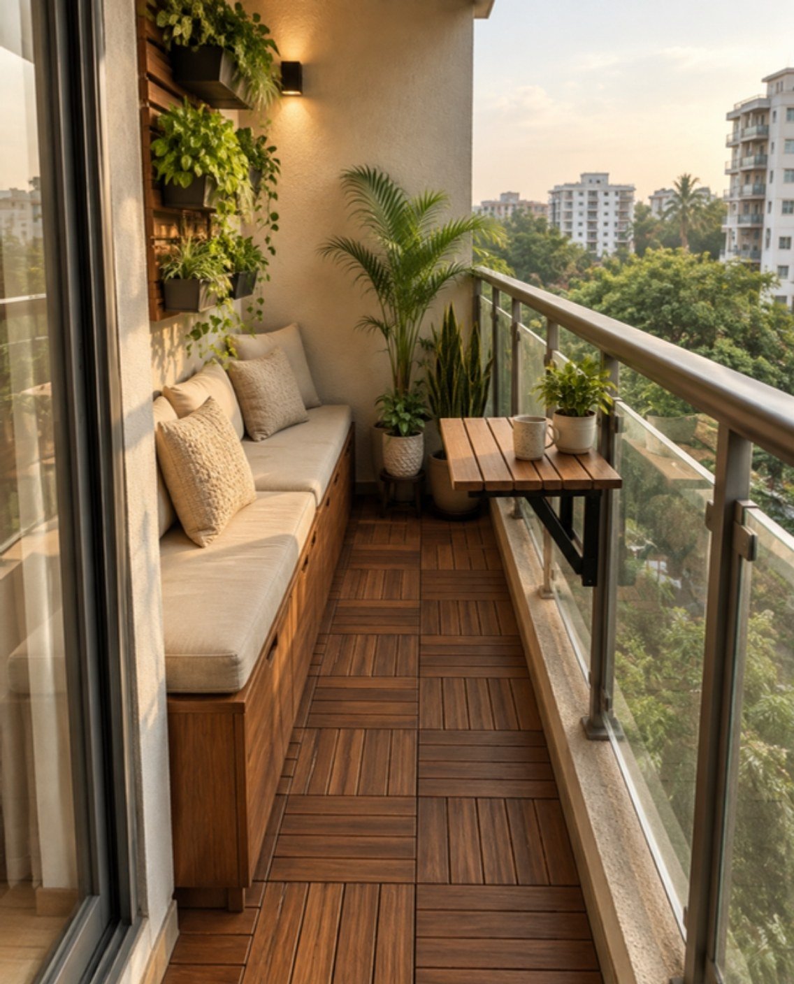 Small apartment balcony design concept with storage bench, deck tiles and vertical planters