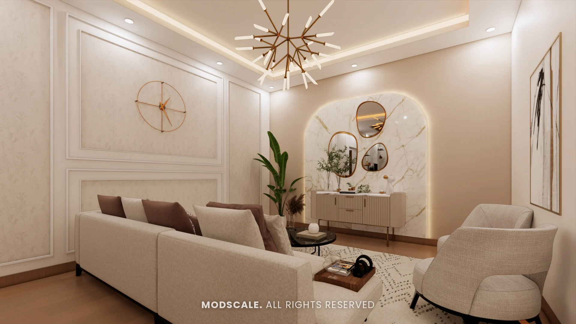 Living room with cream sofa, moulded wall panels, backlit arched marble-finish panel and starburst chandelier, Uma Jairam’s home interior at Sobha Sunflower, Talacauvery, Bengaluru