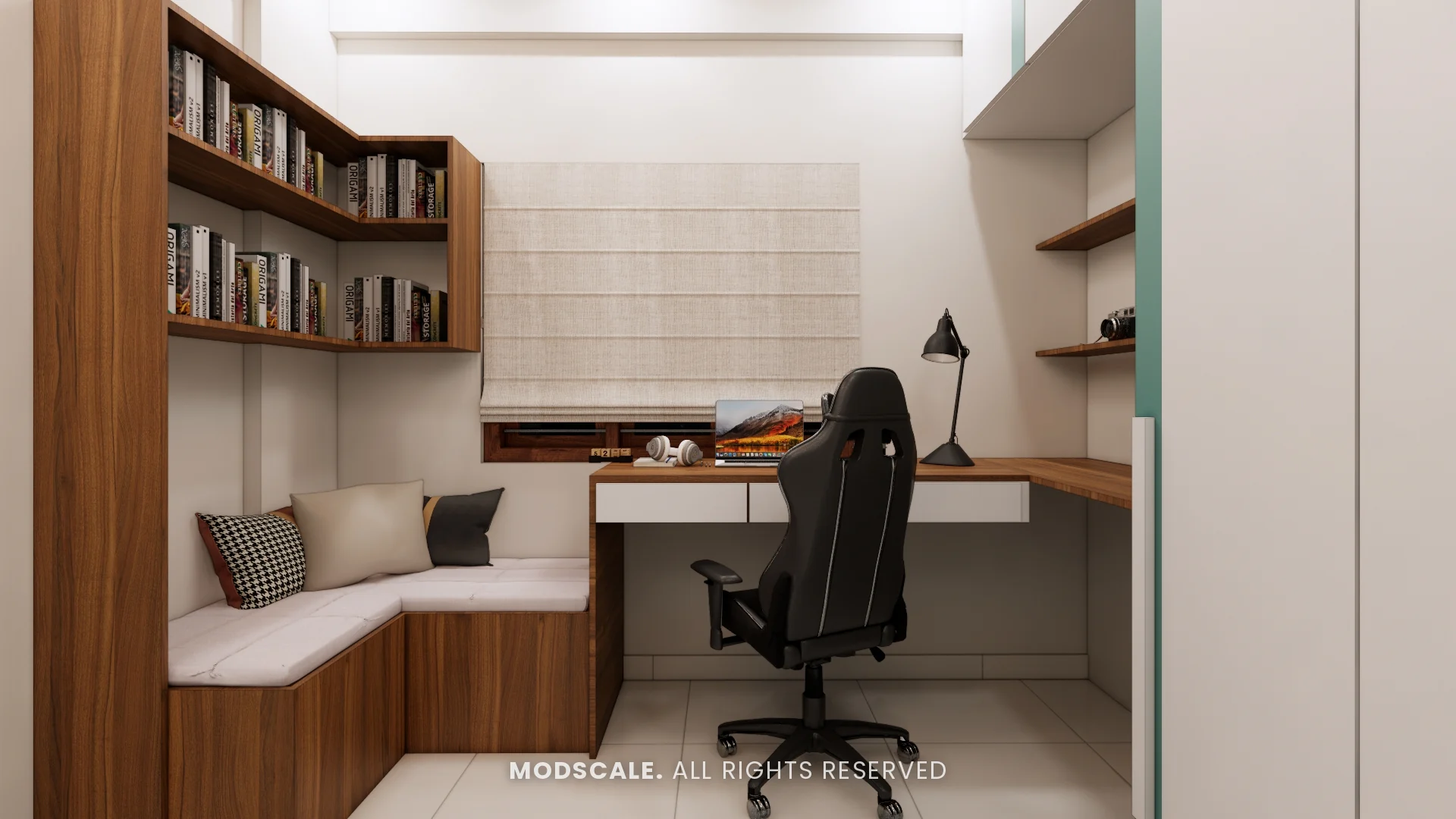 Study room with walnut bookshelves