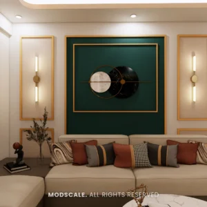 Sofa wall with green framed panel, wall sconces and textured wall cladding, Sumana’s home in Banashankari (3D design)