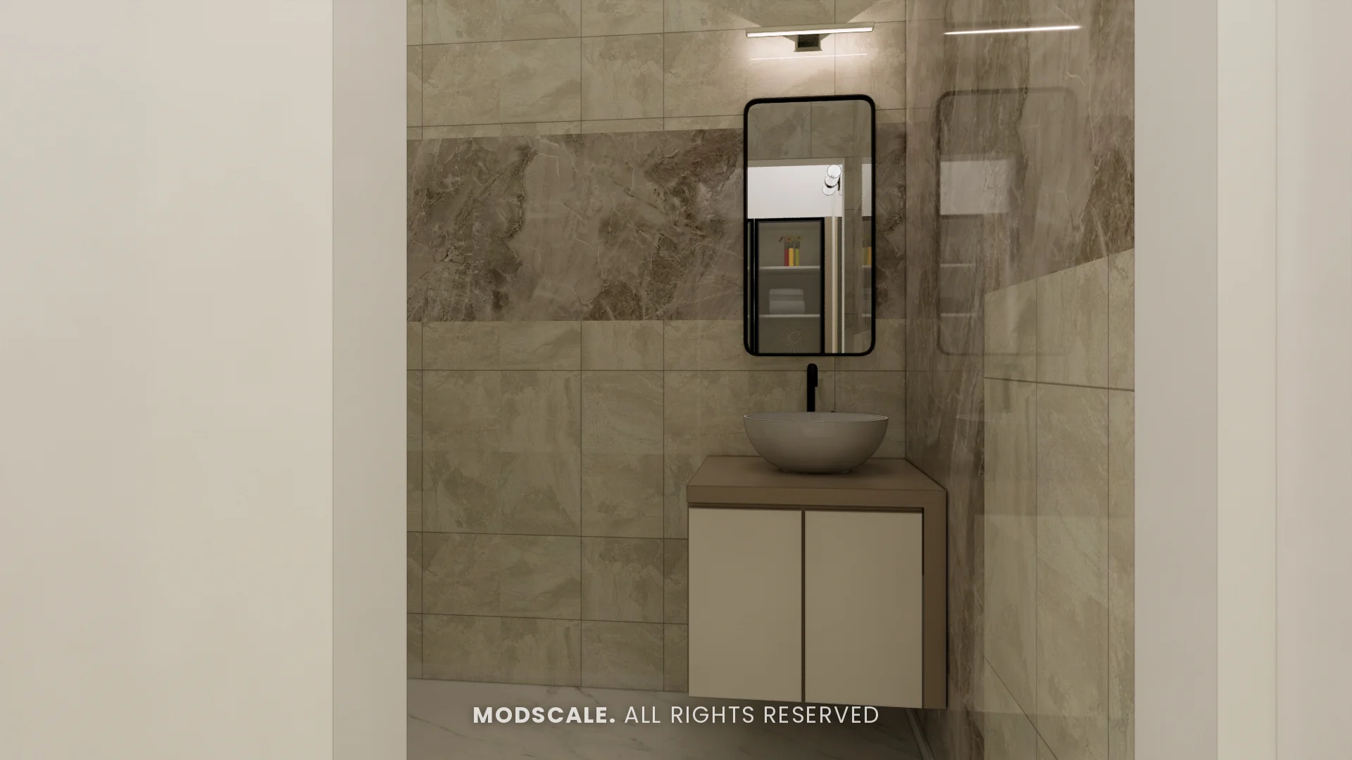 Master bathroom vanity with pill-shaped mirror and stone-finish tiles
