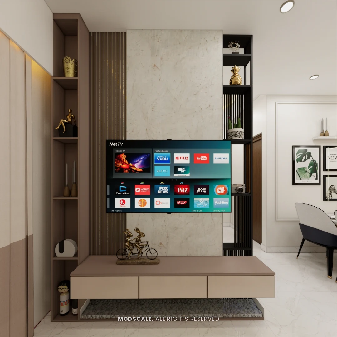 Living room TV unit with marble-finish back panel and open display shelves