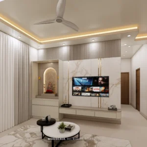 TV unit in marble finish with brass inlay lines beside an arched pooja niche