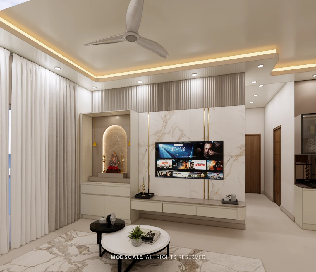 TV unit in marble finish with brass inlay lines beside an arched pooja niche
