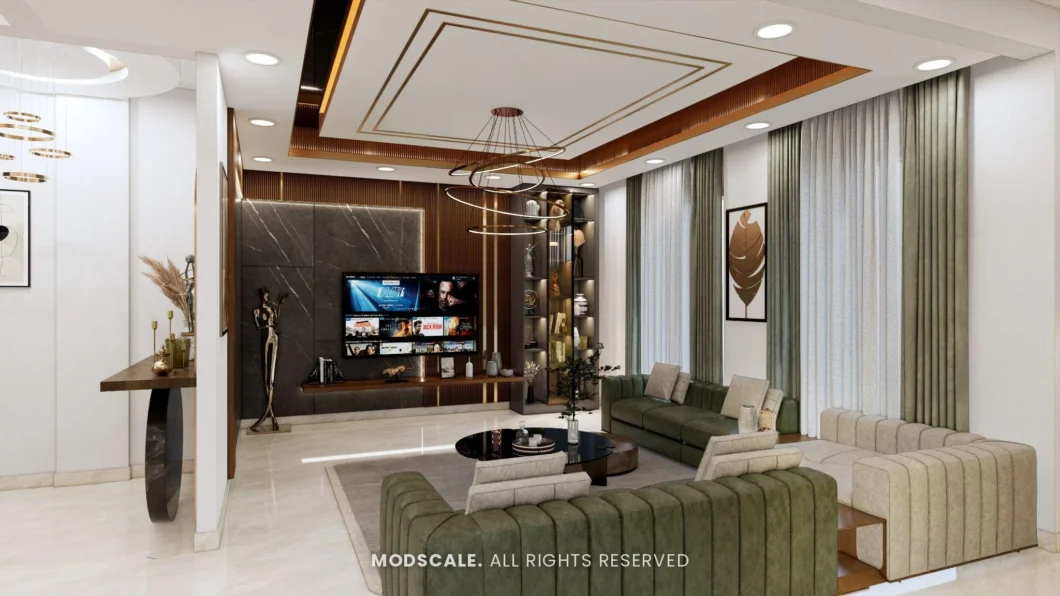 Living room with olive green and beige channel-tufted sofas, grey stone TV wall and ring chandelier, Bakash Baig’s villa interior on Bannerghatta Road, Bengaluru