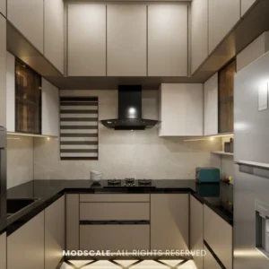 U-shaped kitchen in beige with black granite counter, built-in oven and lofts to the ceiling, Bhaskar’s villa interior in JP Nagar, Bengaluru