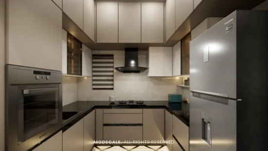 U-shaped kitchen in beige with black granite counter, built-in oven and lofts to the ceiling, Bhaskar’s villa interior in JP Nagar, Bengaluru