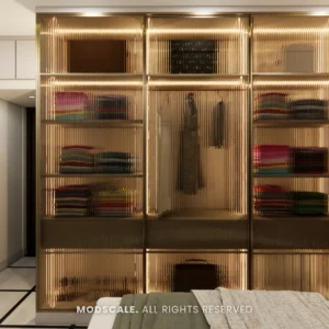 Sliding wardrobe with bronze fluted glass shutters and internal lighting, Bhaskar’s villa interior in JP Nagar, Bengaluru