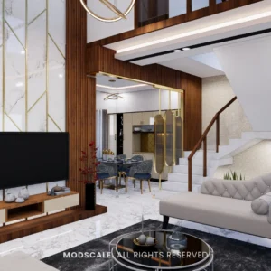 Living room with marble and brass TV wall between walnut fluted panels, tufted chaise and staircase with lift beyond, Arun Shetty’s villa interior on Kanakapura Road, Bengaluru