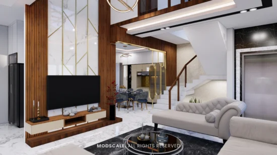 Living room with marble and brass TV wall between walnut fluted panels, tufted chaise and staircase with lift beyond, Arun Shetty’s villa interior on Kanakapura Road, Bengaluru