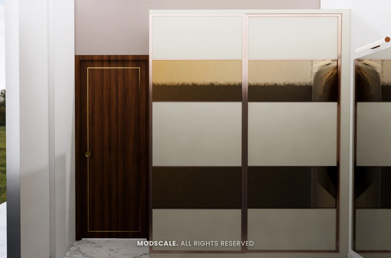 Sliding wardrobe in cream with bronze mirror and dark bands