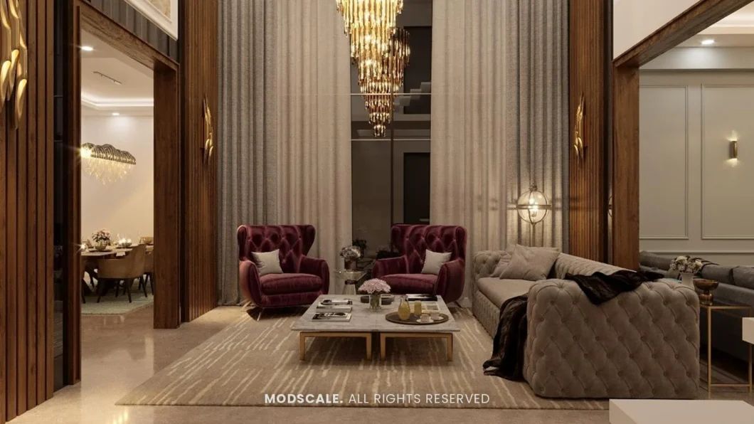 Double-height formal living room with tufted sofa, burgundy armchairs, cascading chandelier and full-height curtains, Shankar’s villa interior at Royal Meridian Layout, Begur, Bengaluru