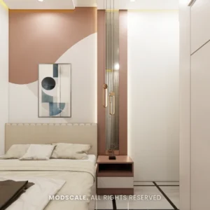Bedroom with curved terracotta-pink wall paint, cream headboard and brass pendant, Bhaskar’s villa in JP Nagar (3D design)