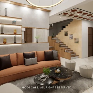 Living room with curved terracotta sofa, lit display shelves and slat partition, Annu’s villa at Purva Woodfield (3D design)