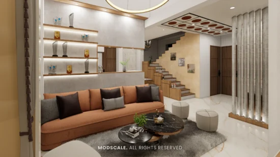 Living room with curved terracotta sofa, lit display shelves and slat partition, Annu’s villa at Purva Woodfield (3D design)