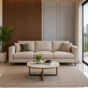 Wall panelling design for living room concept with fluted wood panels and moulded panels behind a sofa