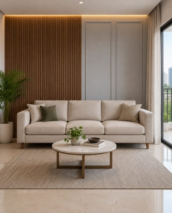 Wall panelling design for living room concept with fluted wood panels and moulded panels behind a sofa
