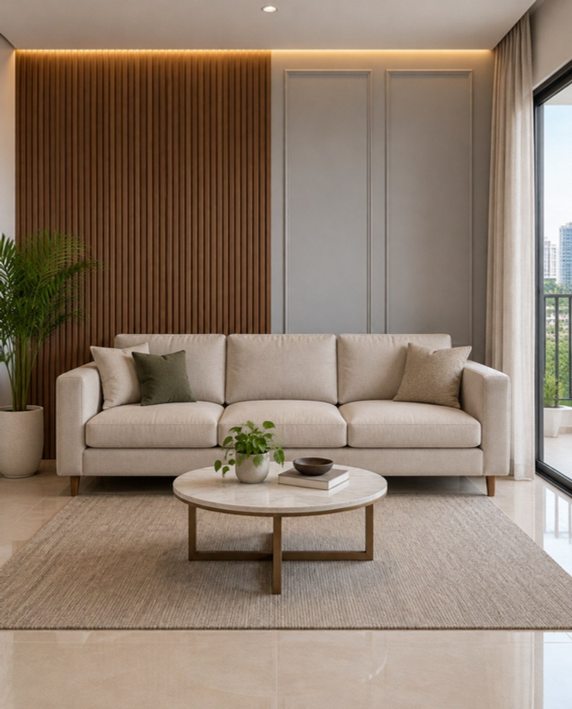Wall panelling design for living room concept with fluted wood panels and moulded panels behind a sofa
