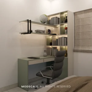 Sage green study desk with lit book shelves and floating shelves, Narasimhan’s home at Prestige City (3D design)
