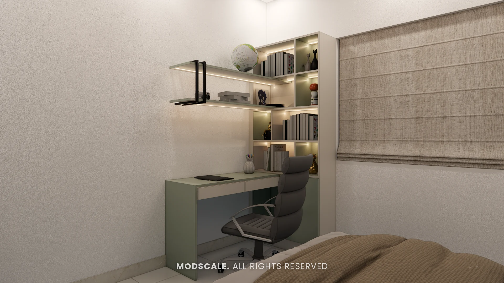 Sage green study desk with lit book shelves and floating shelves, Narasimhan’s home at Prestige City (3D design)