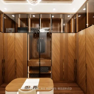 Walk-in wardrobe in walnut finish with island and glass-front shelves
