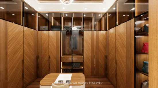 Walk-in wardrobe in walnut finish with island and glass-front shelves