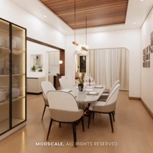 Dining area with marble-top table, wooden slat ceiling and lit glass crockery unit, Uma Jairam’s home at Sobha Sunflower (3D design)