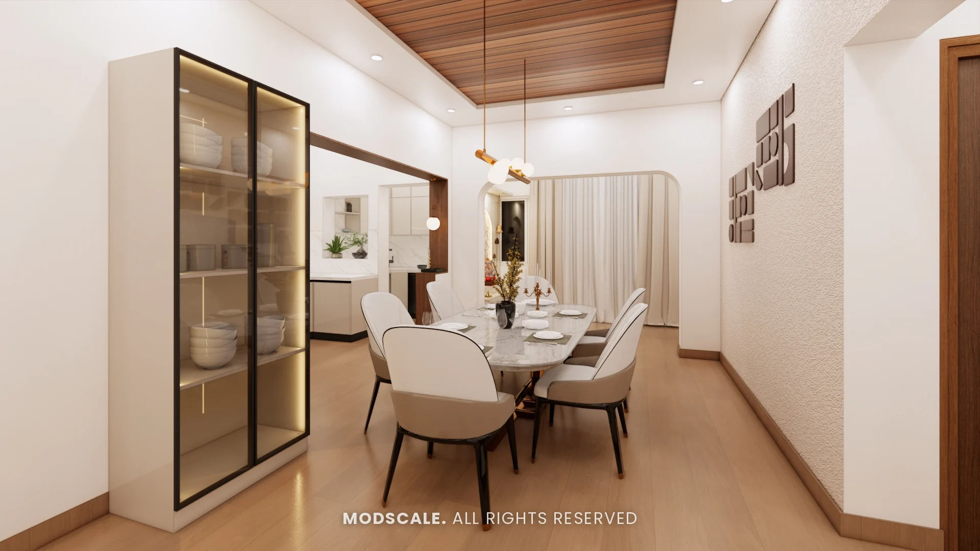 Dining area with marble-top table, wooden slat ceiling and lit glass crockery unit, Uma Jairam’s home at Sobha Sunflower (3D design)