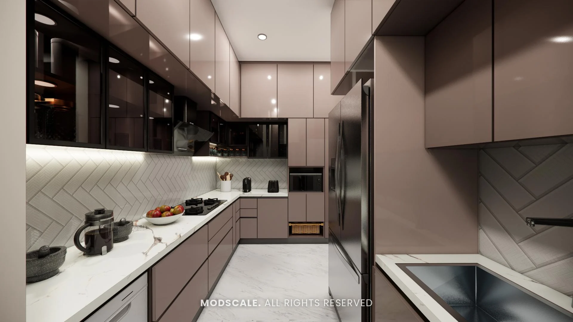 L-shaped kitchen counter with under-cabinet lighting and tall unit, Ashish and Pooja Agarwal’s home interior at Assetz 63 Degree East, Sarjapur Road