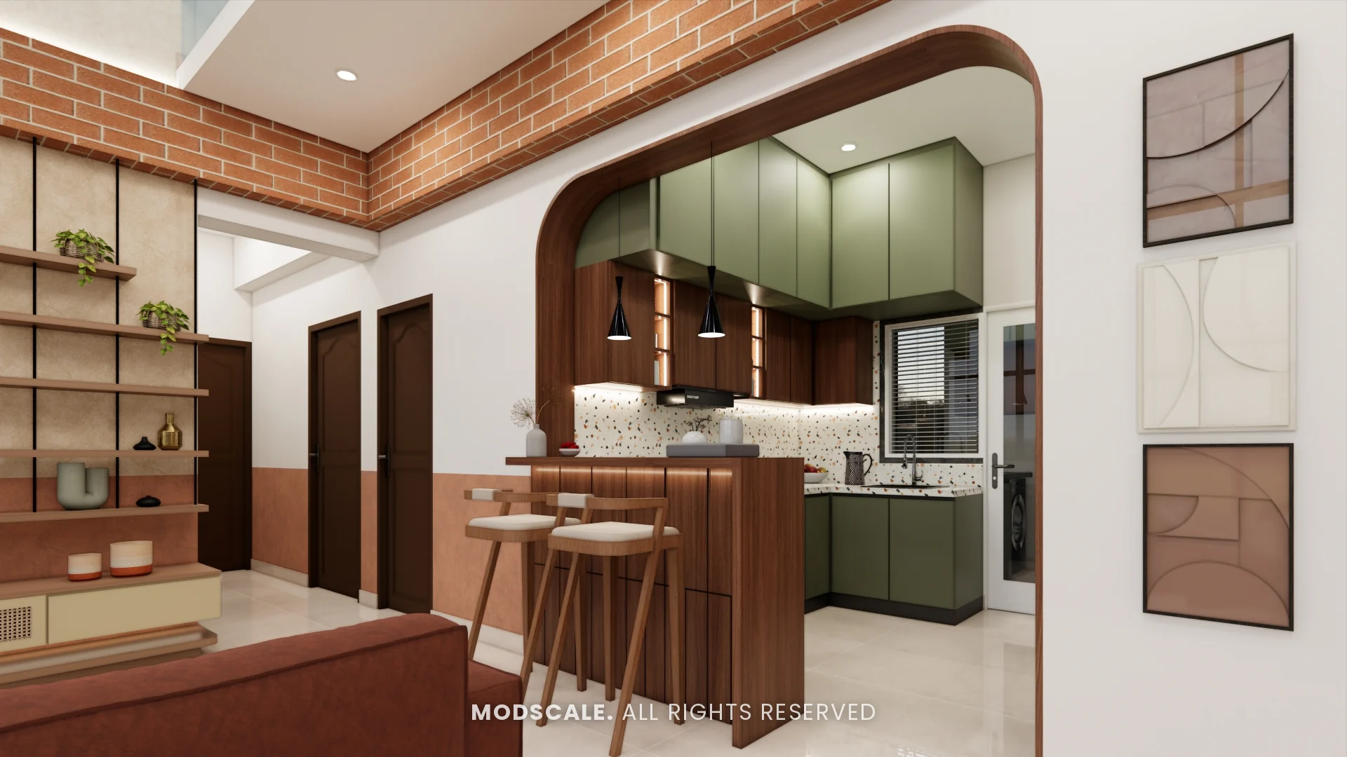 Breakfast counter with bar stools framed by a wooden arch, Amrita Gupta’s home interior on Sarjapur Road