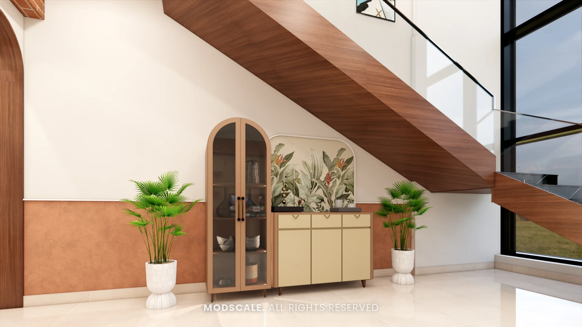 Arched crockery unit with glass shutters under the staircase, Amrita Gupta’s home interior on Sarjapur Road