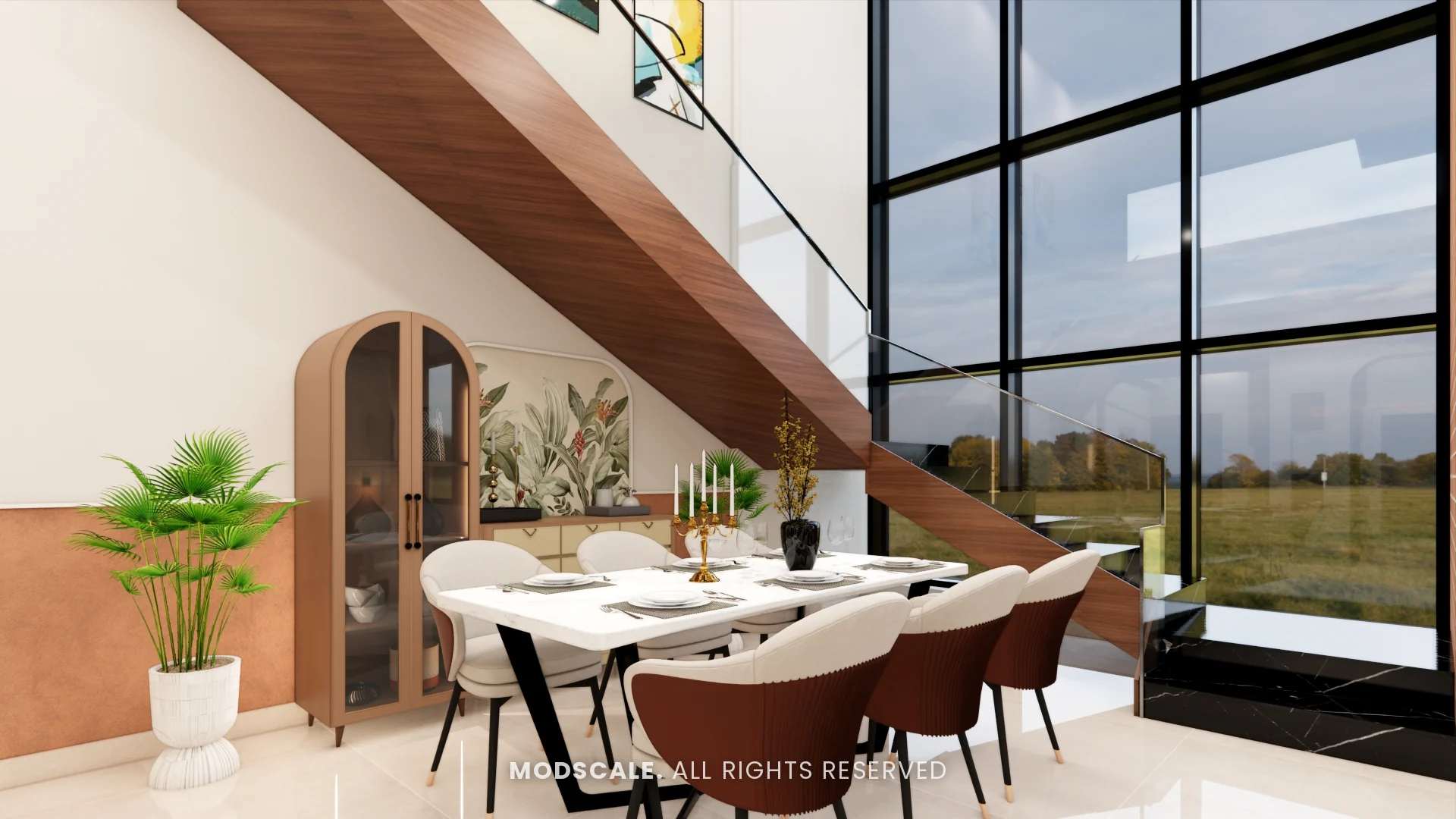 Dining area beside double-height windows with arched crockery unit, Amrita Gupta’s home interior on Sarjapur Road