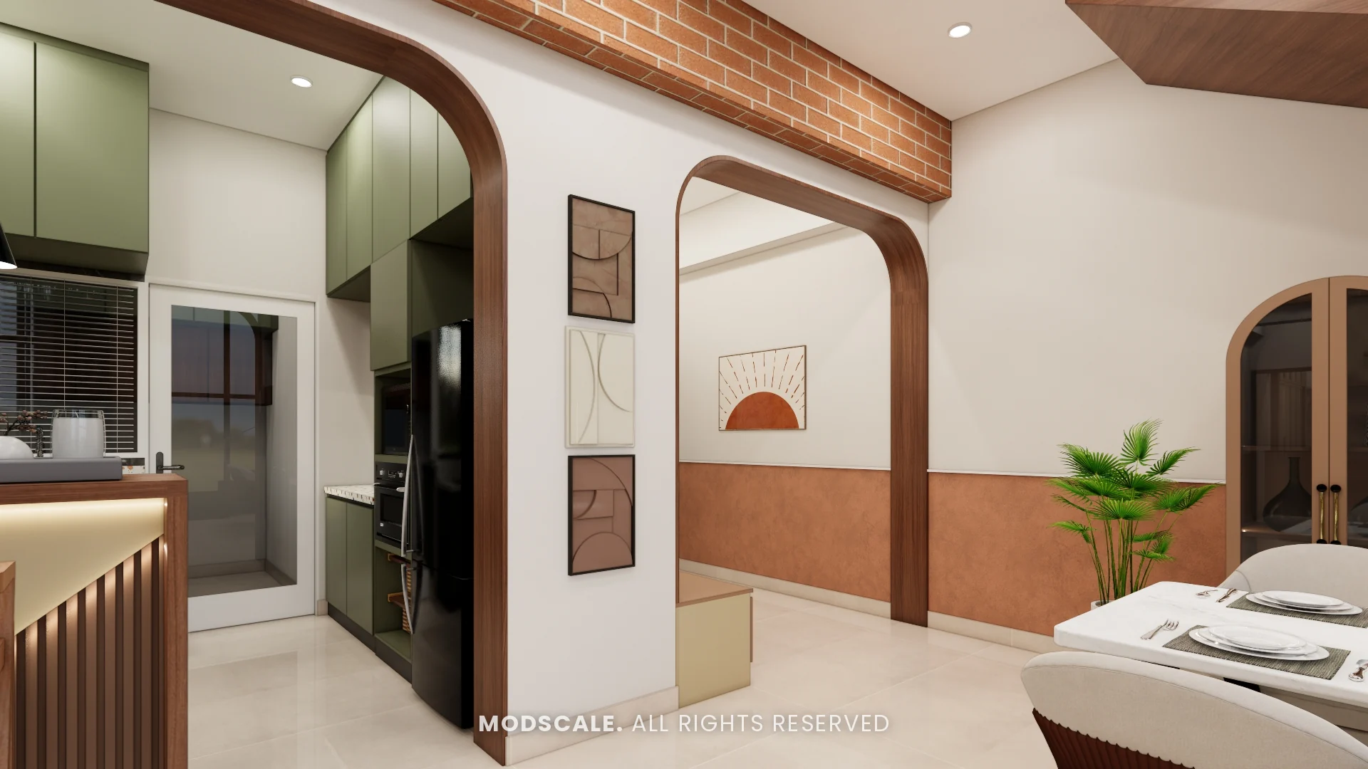 Entrance passage with arched doorway and terracotta wall band, Amrita Gupta’s home interior on Sarjapur Road