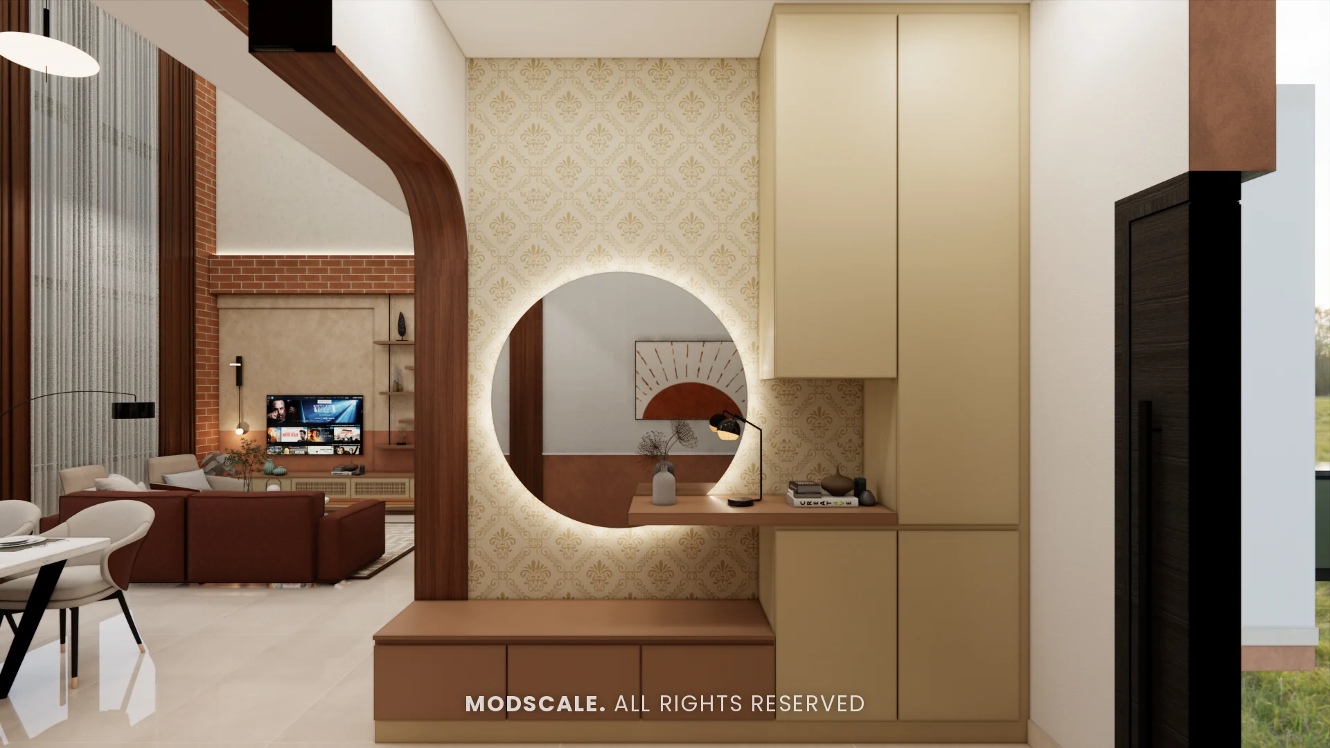 Foyer unit with round backlit mirror, seat and tall storage in gold and brunette laminate, Amrita Gupta’s home interior on Sarjapur Road
