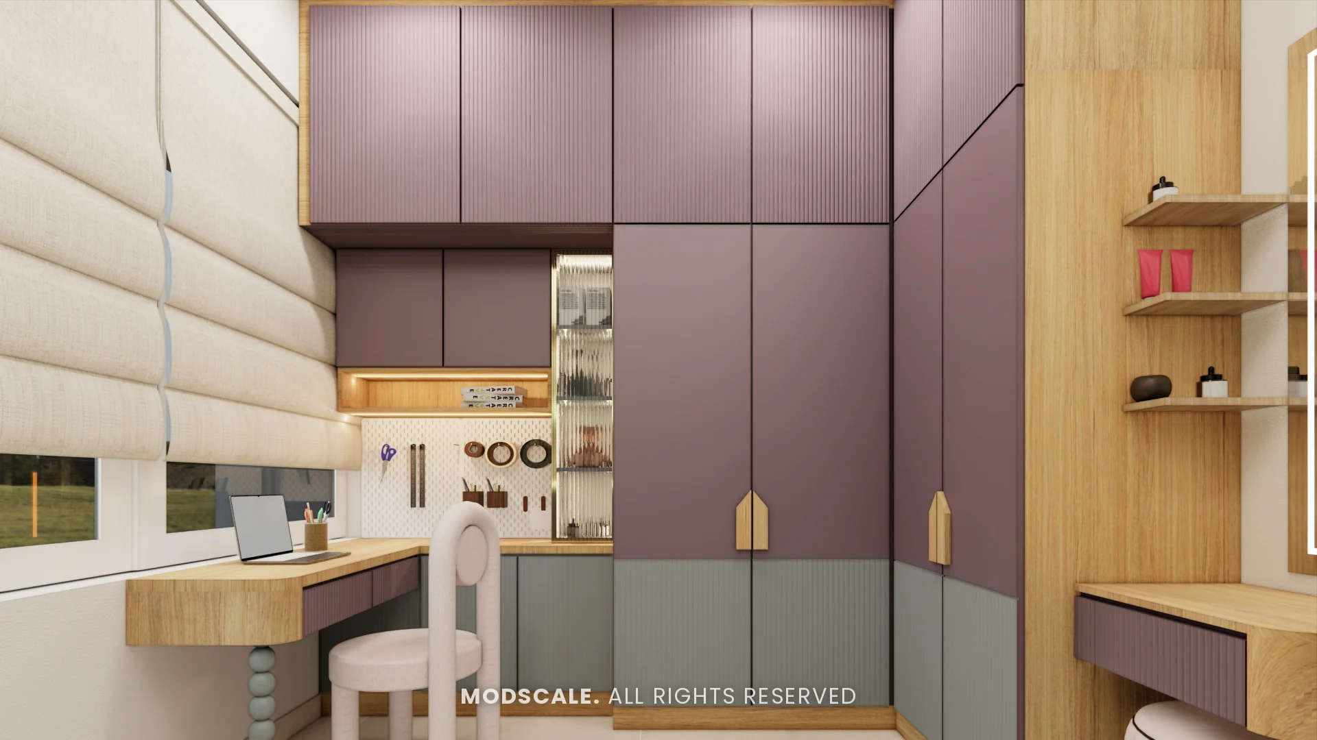 Kids wardrobe in purple and blue with study desk and pegboard wall, Amrita Gupta’s home interior on Sarjapur Road