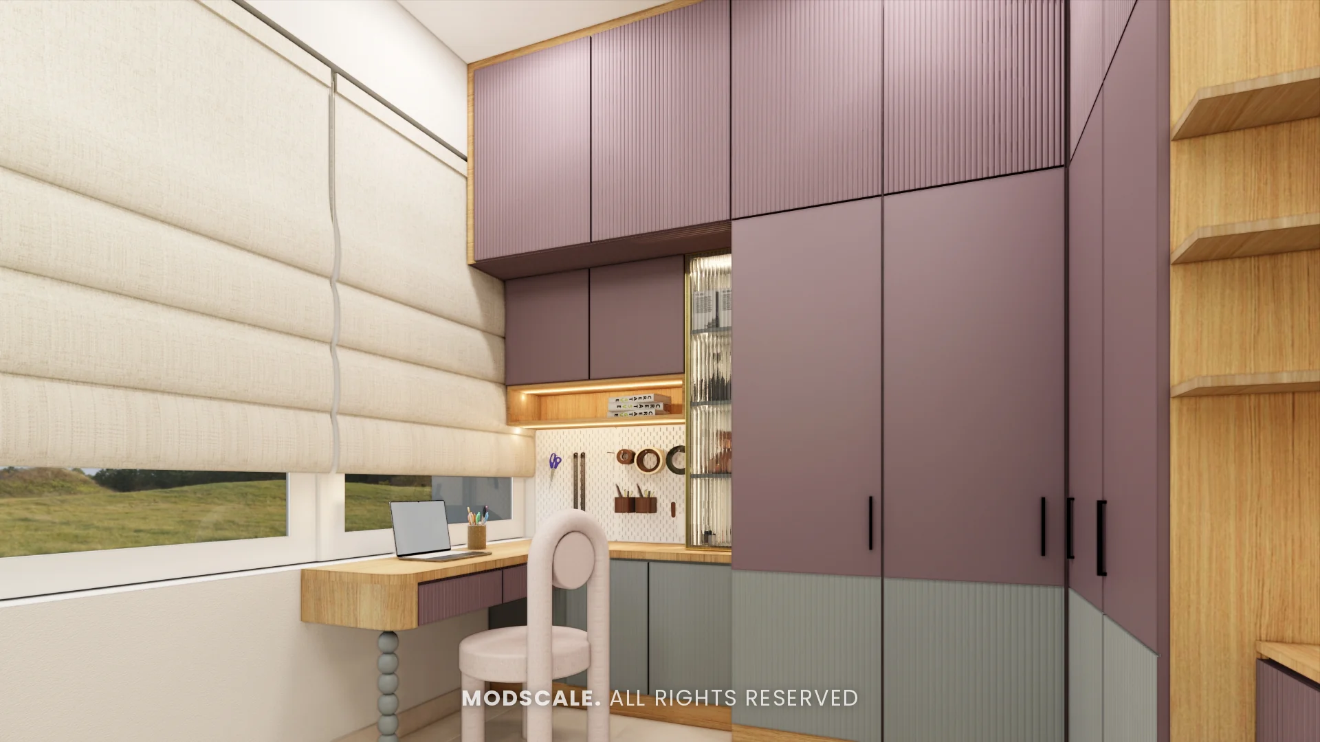Kids bedroom wardrobe wall with study counter by the window, Amrita Gupta’s home interior on Sarjapur Road